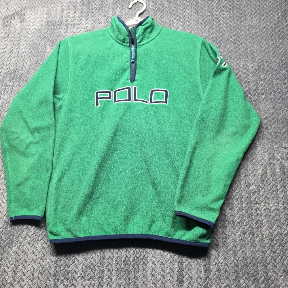 Polo by Ralph‎ Lauren Youth Quarter Zip Fleece Pullover Green Y2K Logo L 16/18